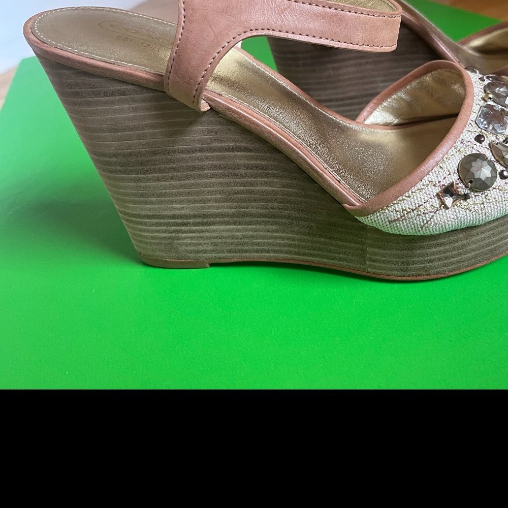 COACH Hanson Platform Wedge Sandals US 11 Gold Tan Canvas Jeweled - Picture 2 of 6